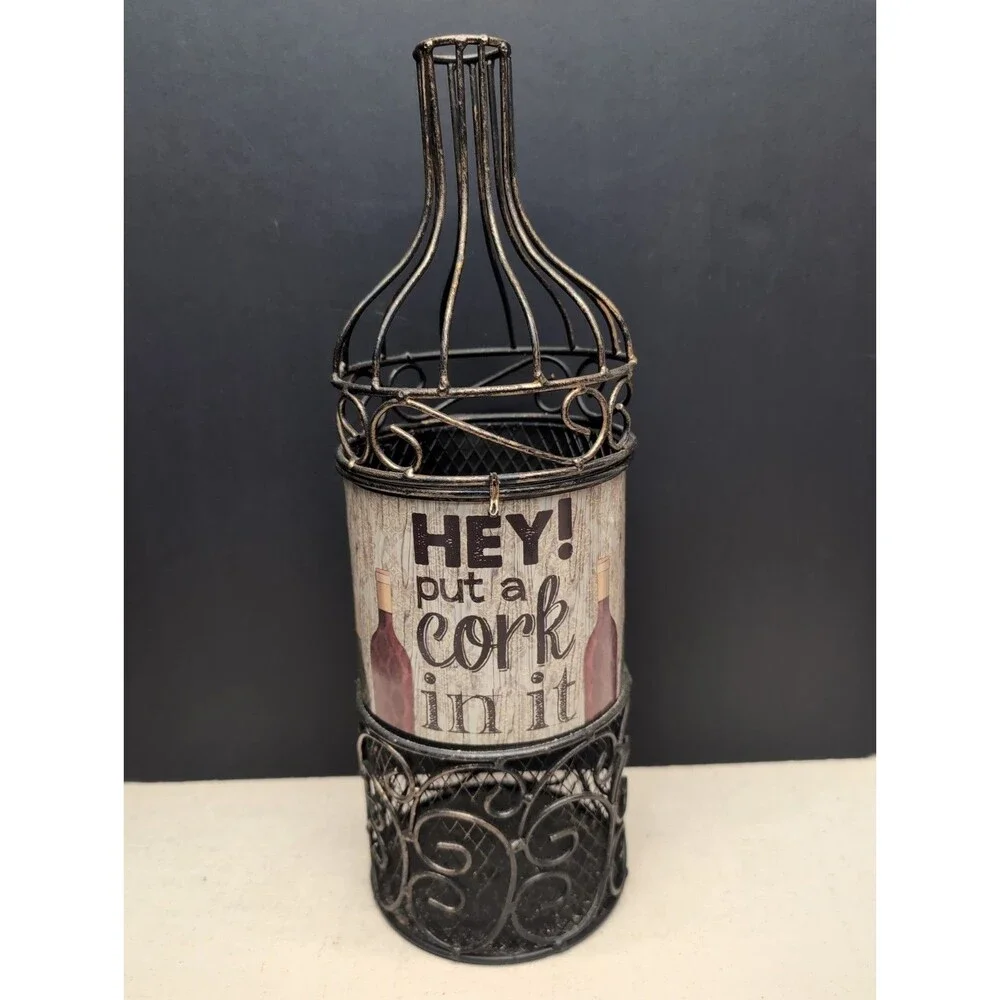 Wine Bottle Shaped Cork Holder Brown Metal Wire Bar Decor Display